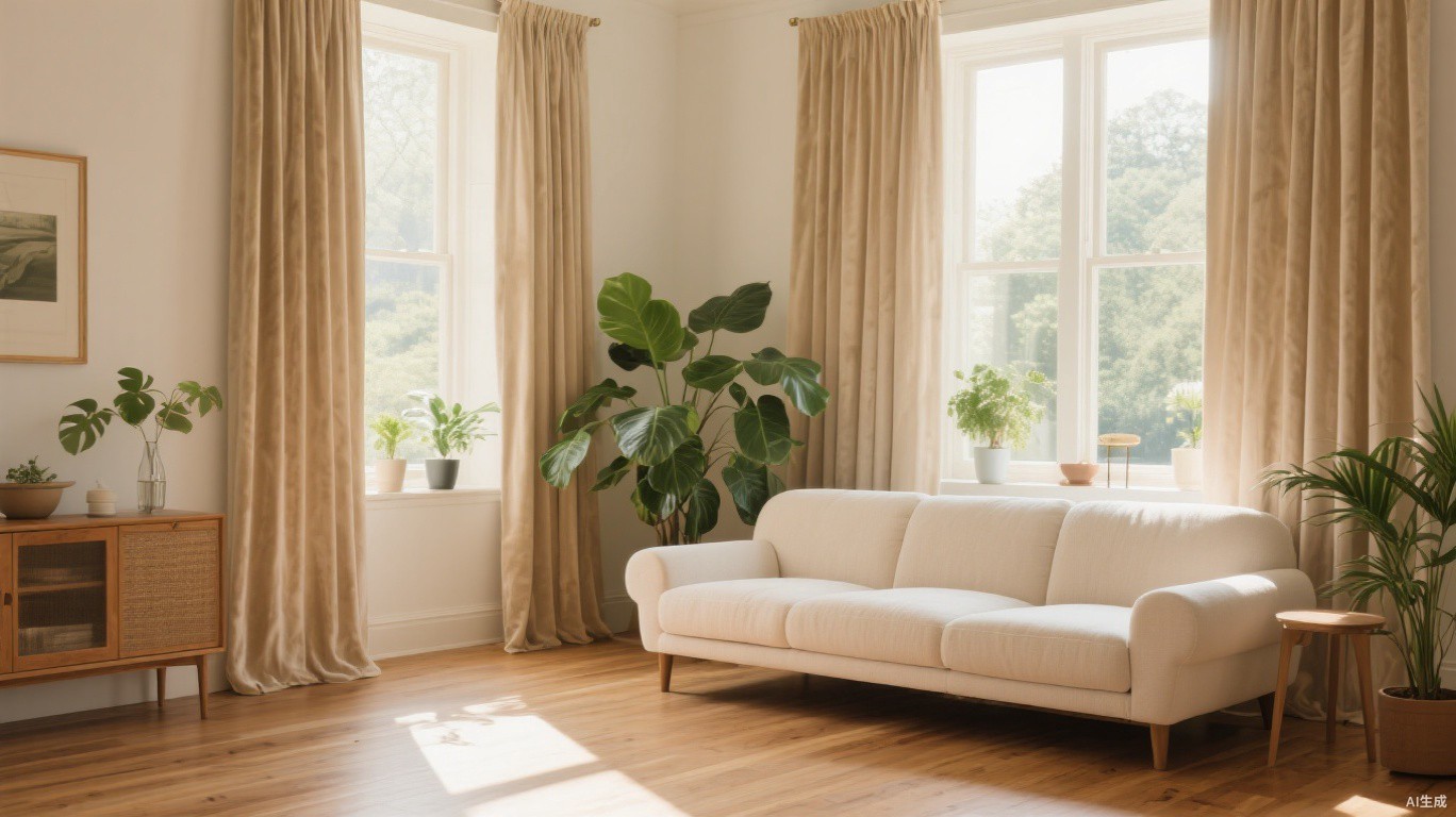 Beige velvet blackout curtains in a living room